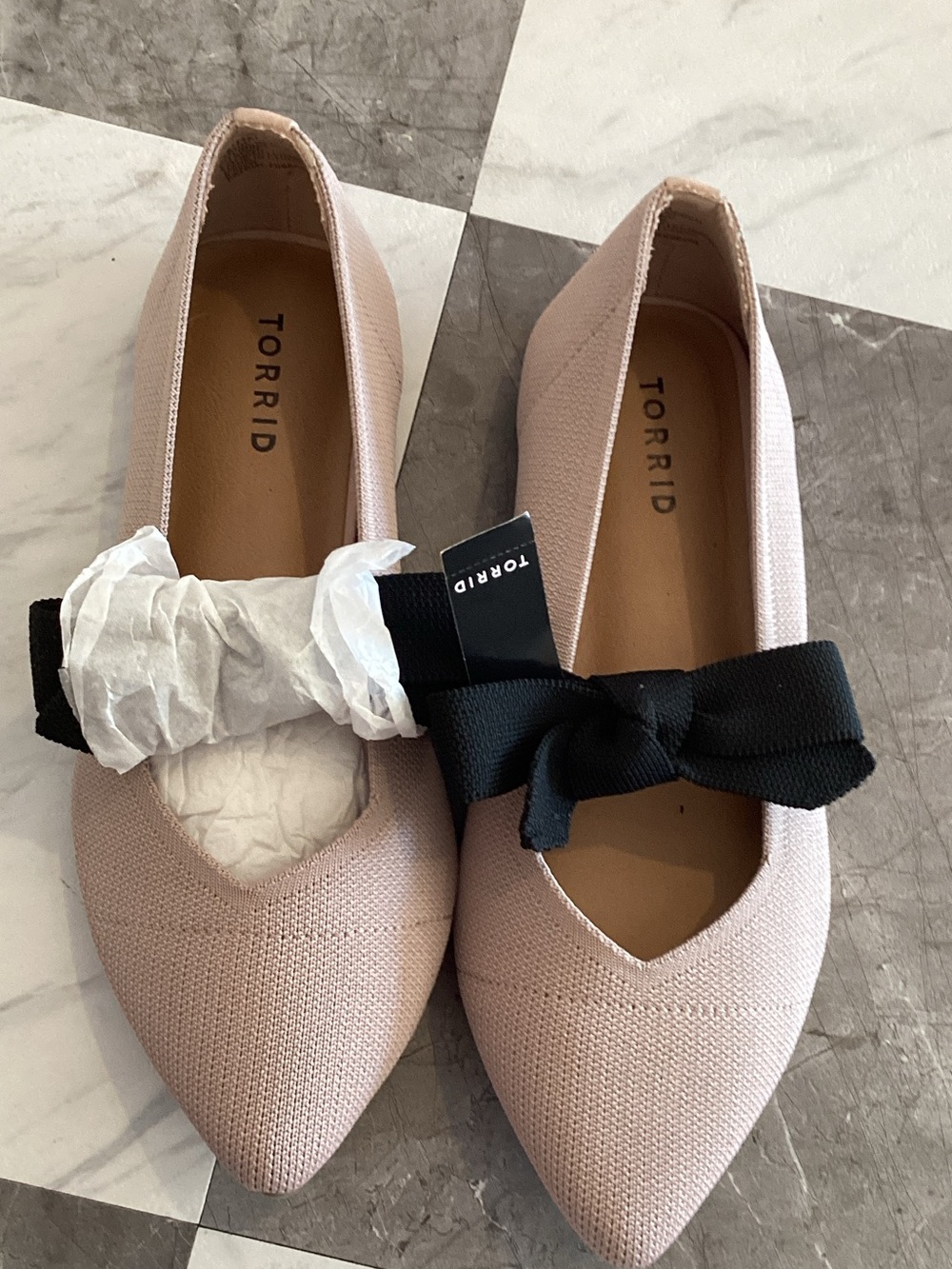 torrid Blush Knit Pointed-Toe Flats with Black Bow